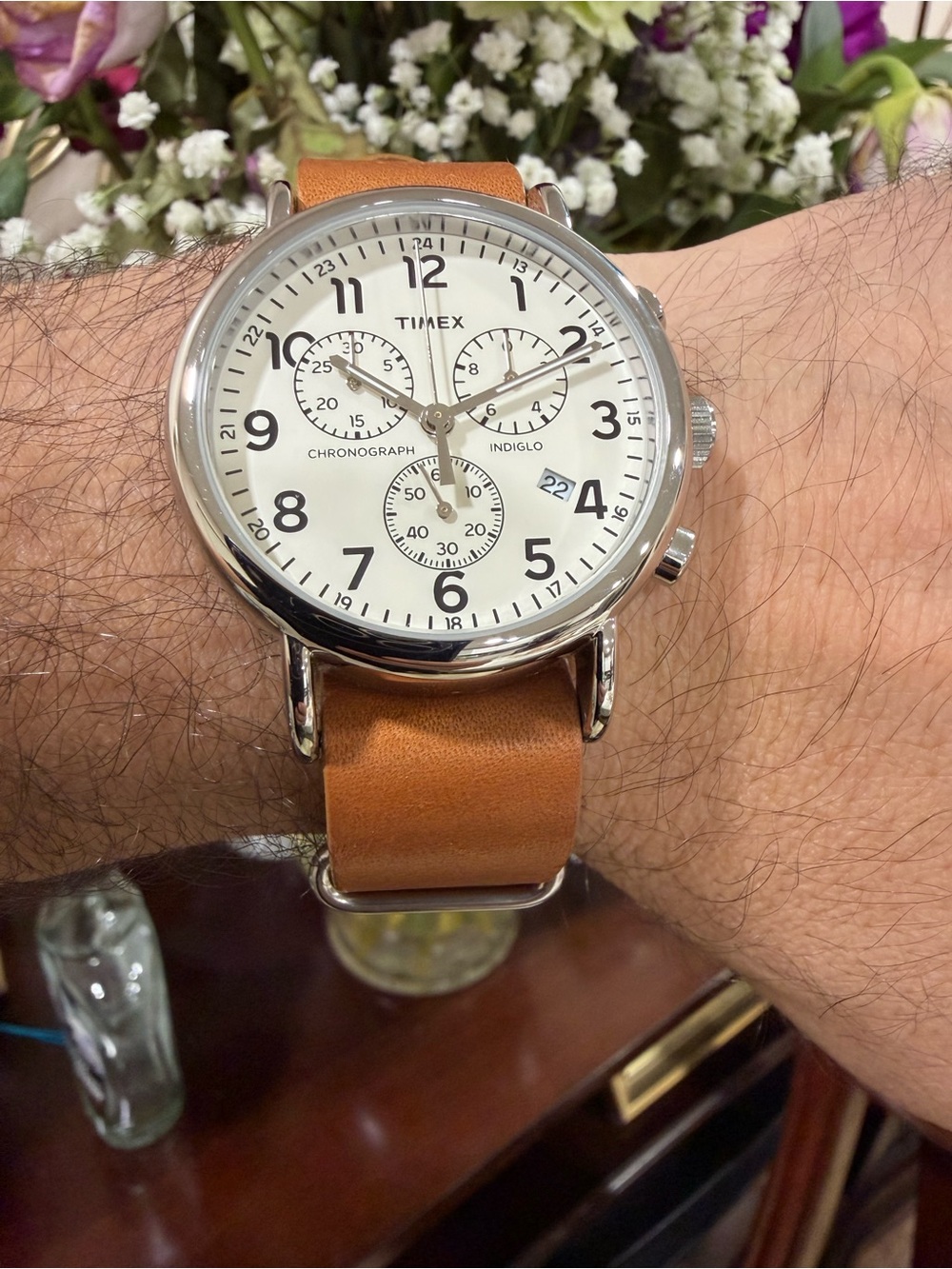 Timex Weekender 40mm Men's Chronograph Watch Tan Leather Slip-Thru - WORKING